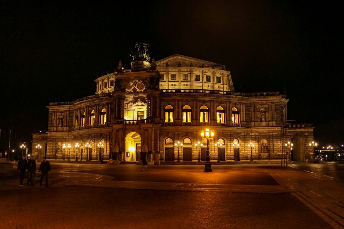 The Semperoper lit up at night